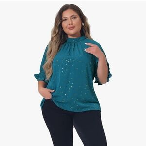 Teal Ruffle Sleeve Women's Top With Gold Stars Size 2X